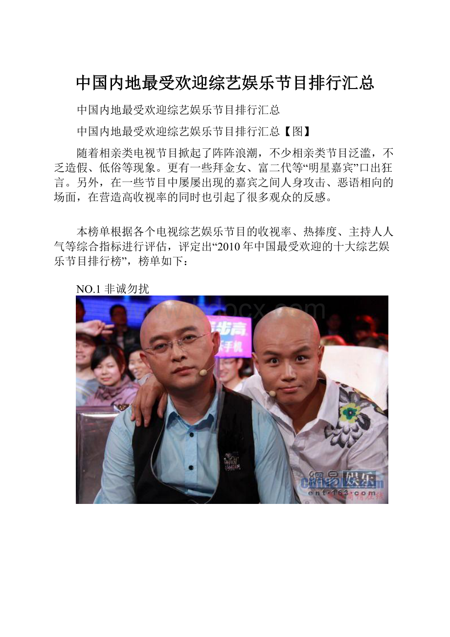 中国内地最受欢迎综艺娱乐节目排行汇总.docx