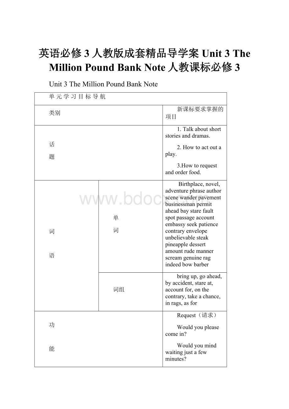 英语必修3人教版成套精品导学案Unit 3 The Million Pound Bank Note人教课标必修3.docx_第1页