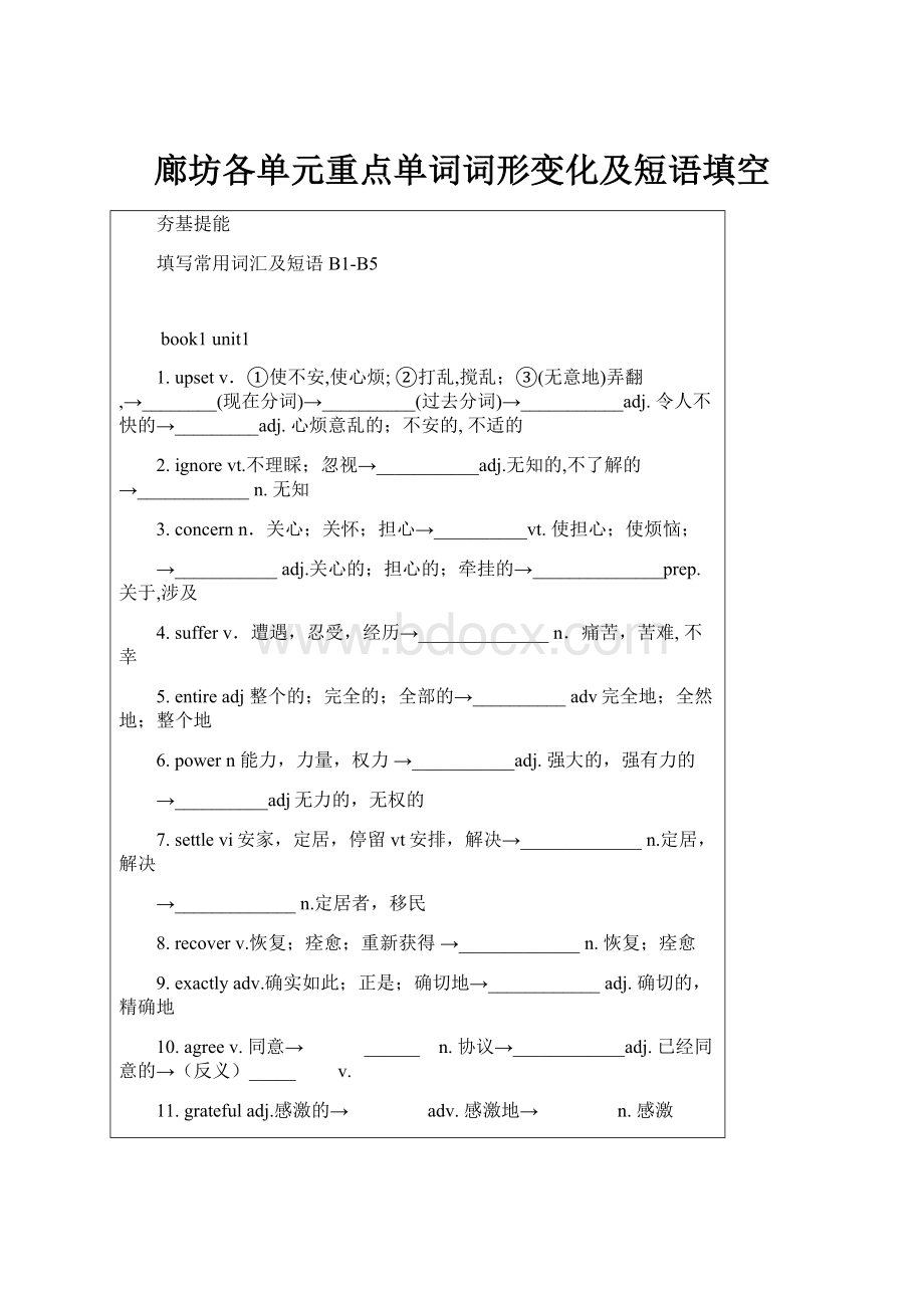 廊坊各单元重点单词词形变化及短语填空.docx_第1页