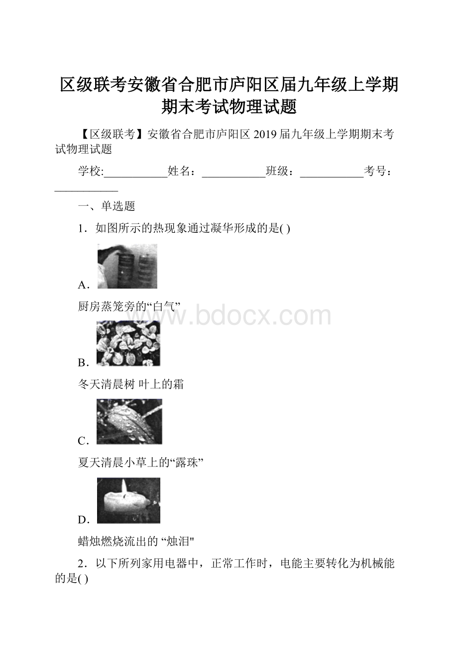 区级联考安徽省合肥市庐阳区届九年级上学期期末考试物理试题.docx
