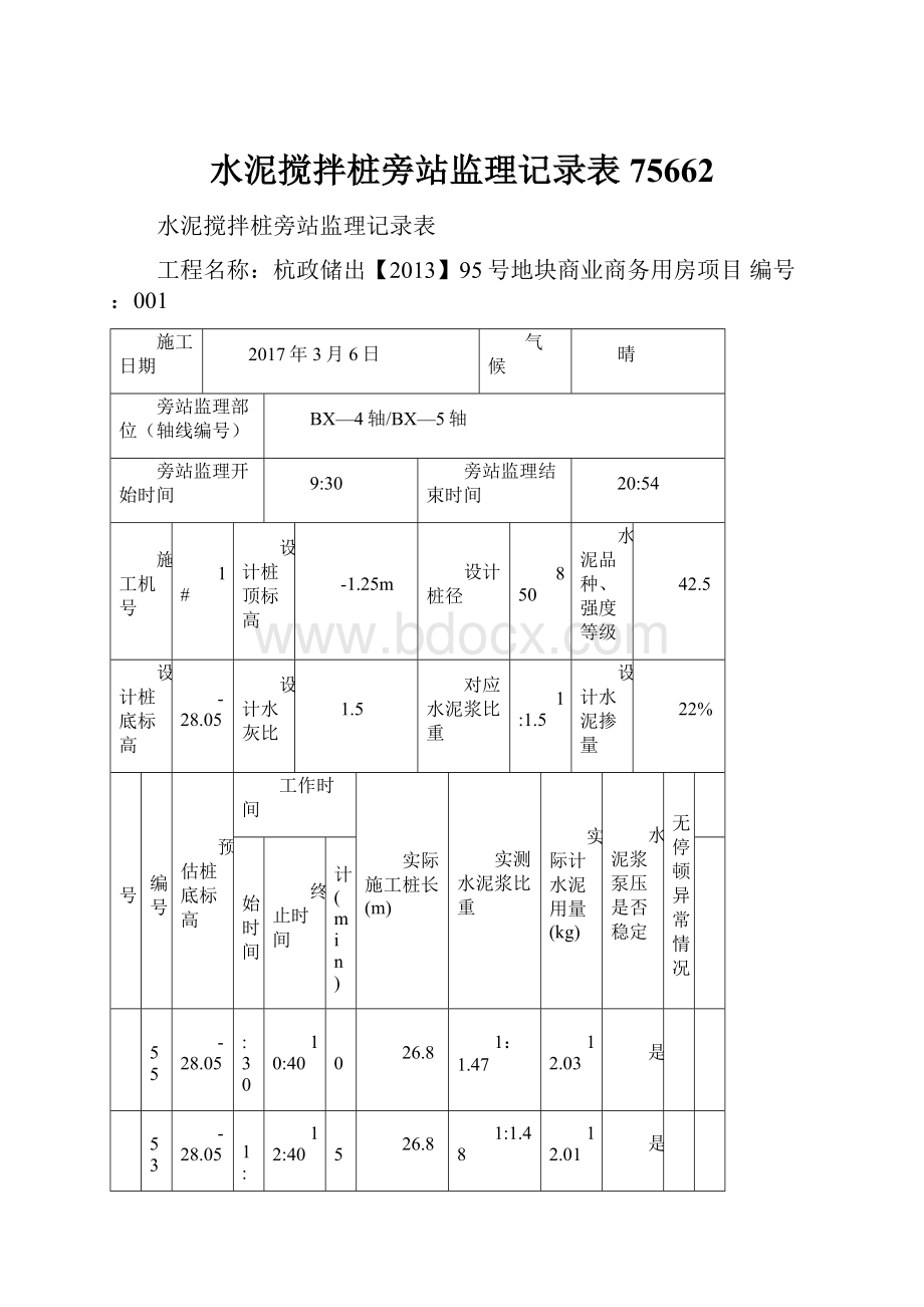 水泥搅拌桩旁站监理记录表75662.docx