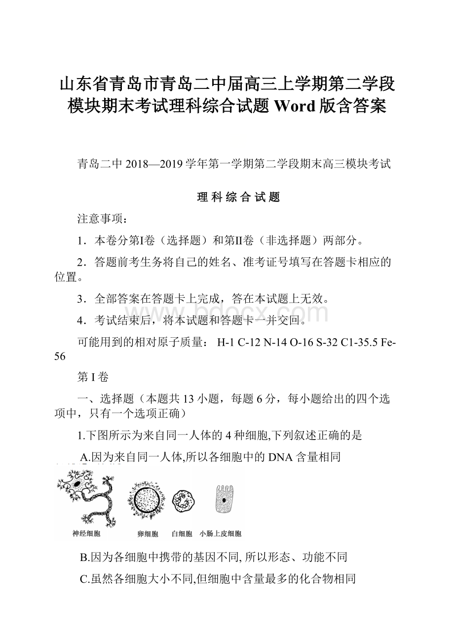 山东省青岛市青岛二中届高三上学期第二学段模块期末考试理科综合试题 Word版含答案.docx_第1页