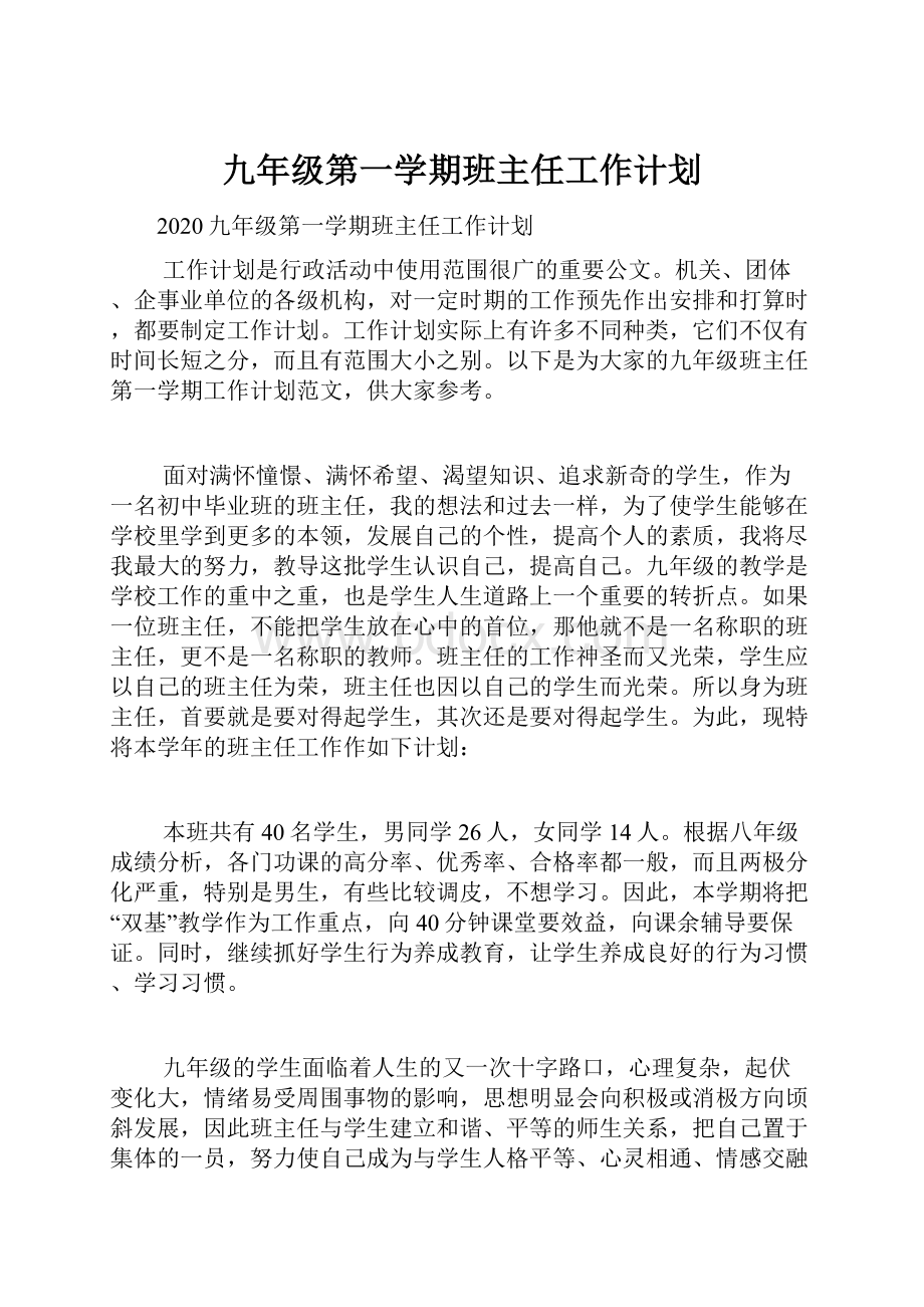 九年级第一学期班主任工作计划.docx