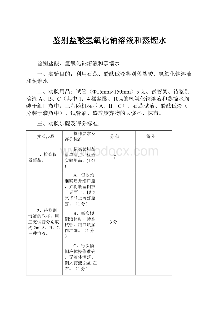 鉴别盐酸氢氧化钠溶液和蒸馏水.docx