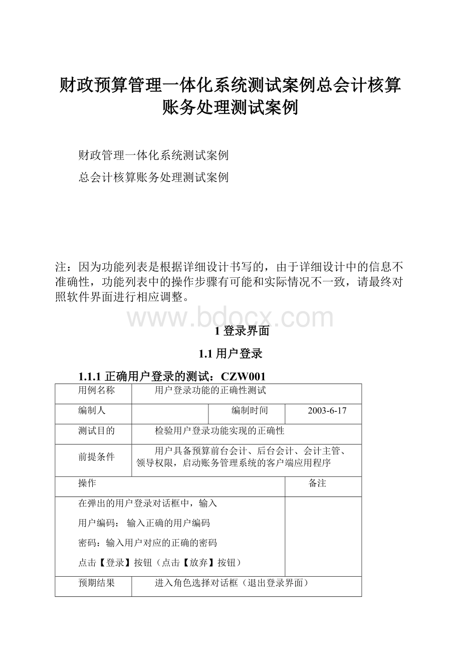 财政预算管理一体化系统测试案例总会计核算账务处理测试案例.docx