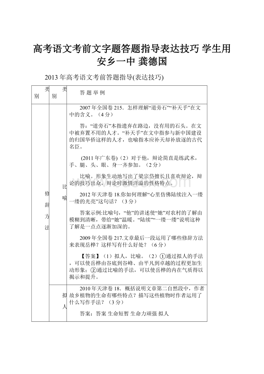 高考语文考前文字题答题指导表达技巧 学生用安乡一中 龚德国.docx