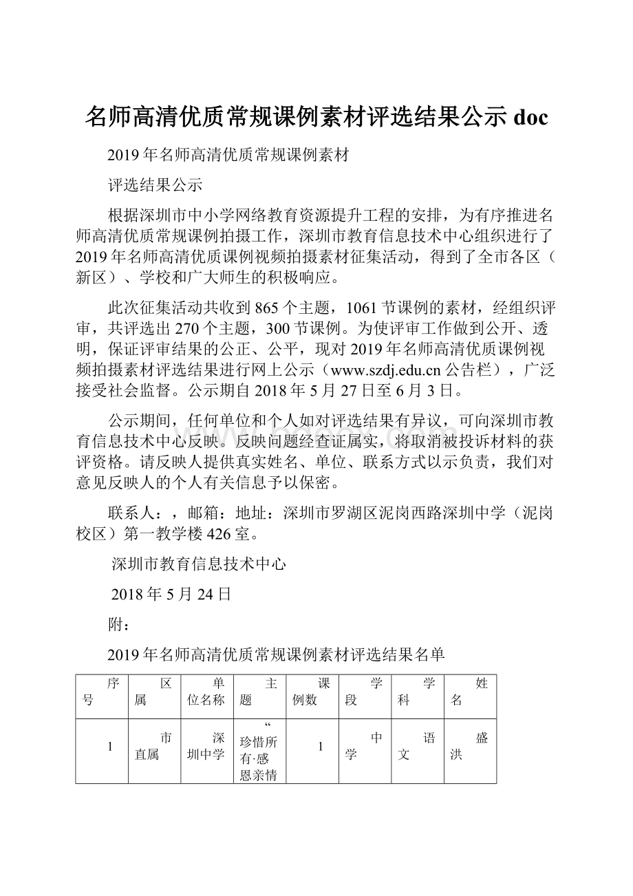 名师高清优质常规课例素材评选结果公示doc.docx