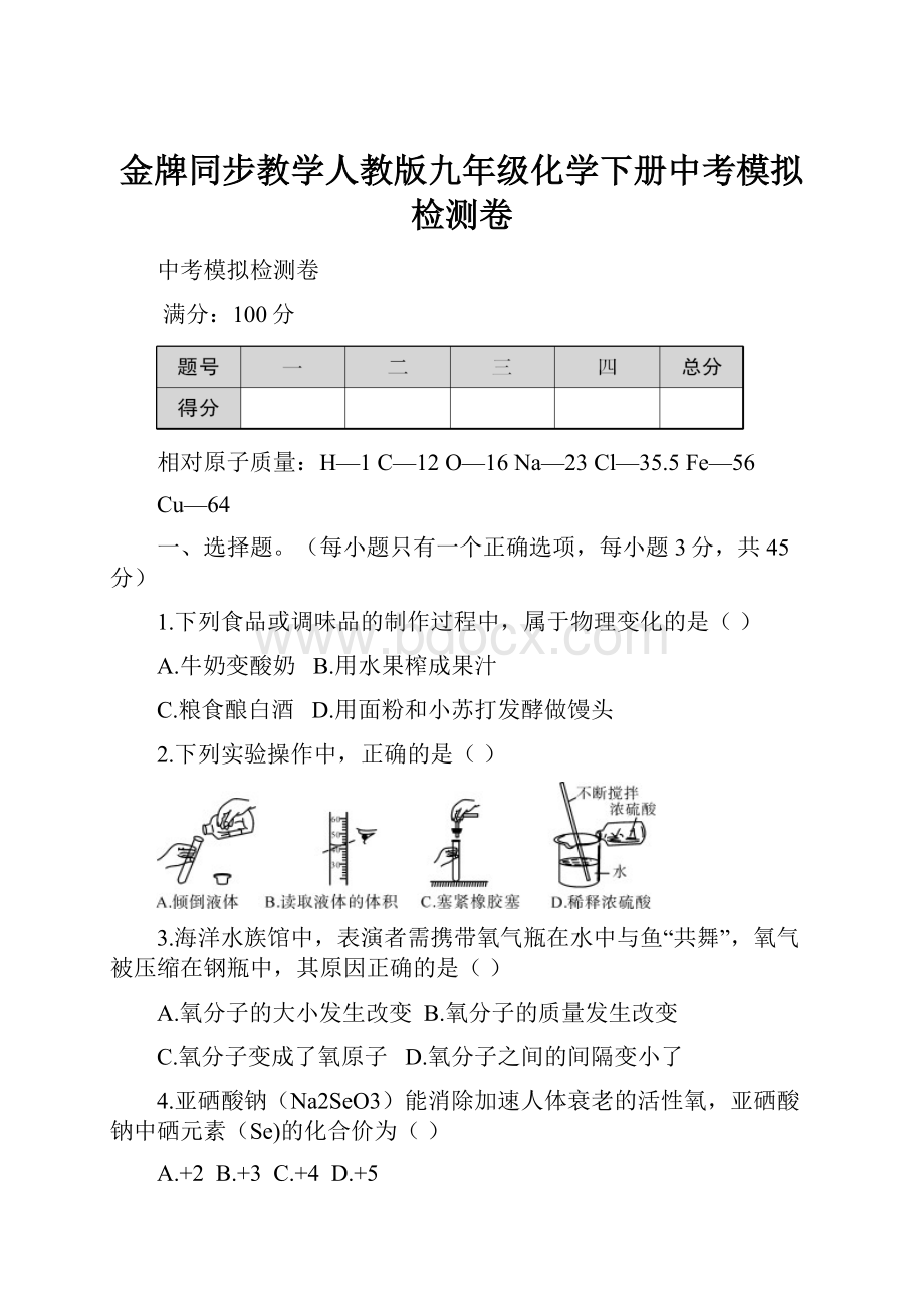 金牌同步教学人教版九年级化学下册中考模拟检测卷.docx_第1页