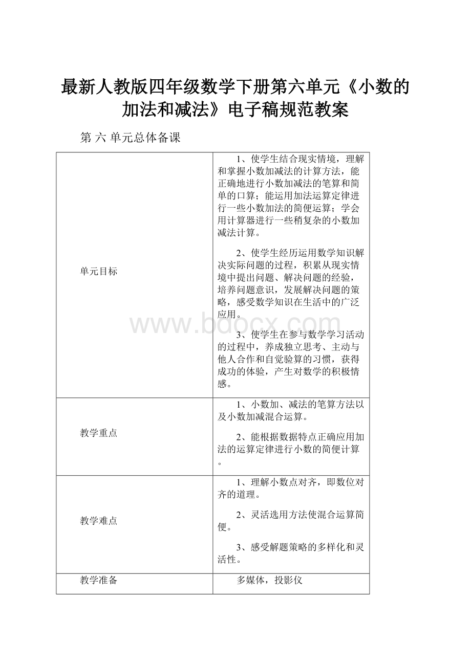 最新人教版四年级数学下册第六单元《小数的加法和减法》电子稿规范教案.docx_第1页