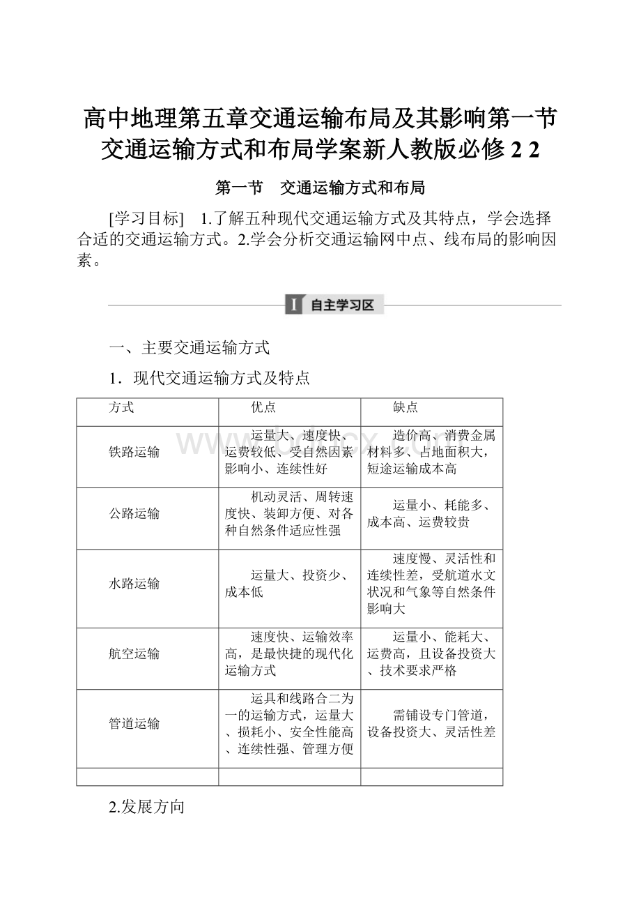 高中地理第五章交通运输布局及其影响第一节交通运输方式和布局学案新人教版必修2 2.docx