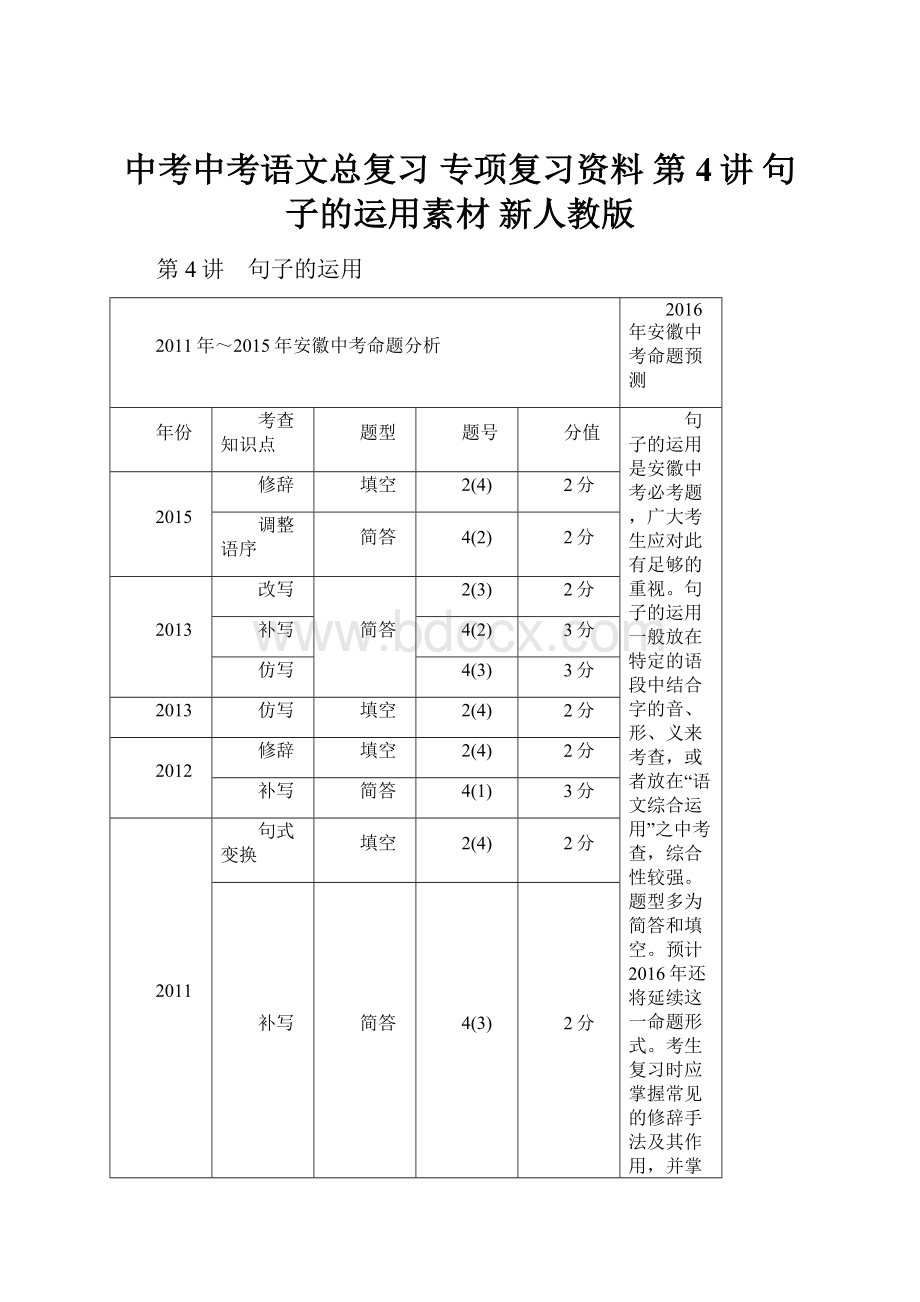 中考中考语文总复习 专项复习资料 第4讲 句子的运用素材 新人教版.docx