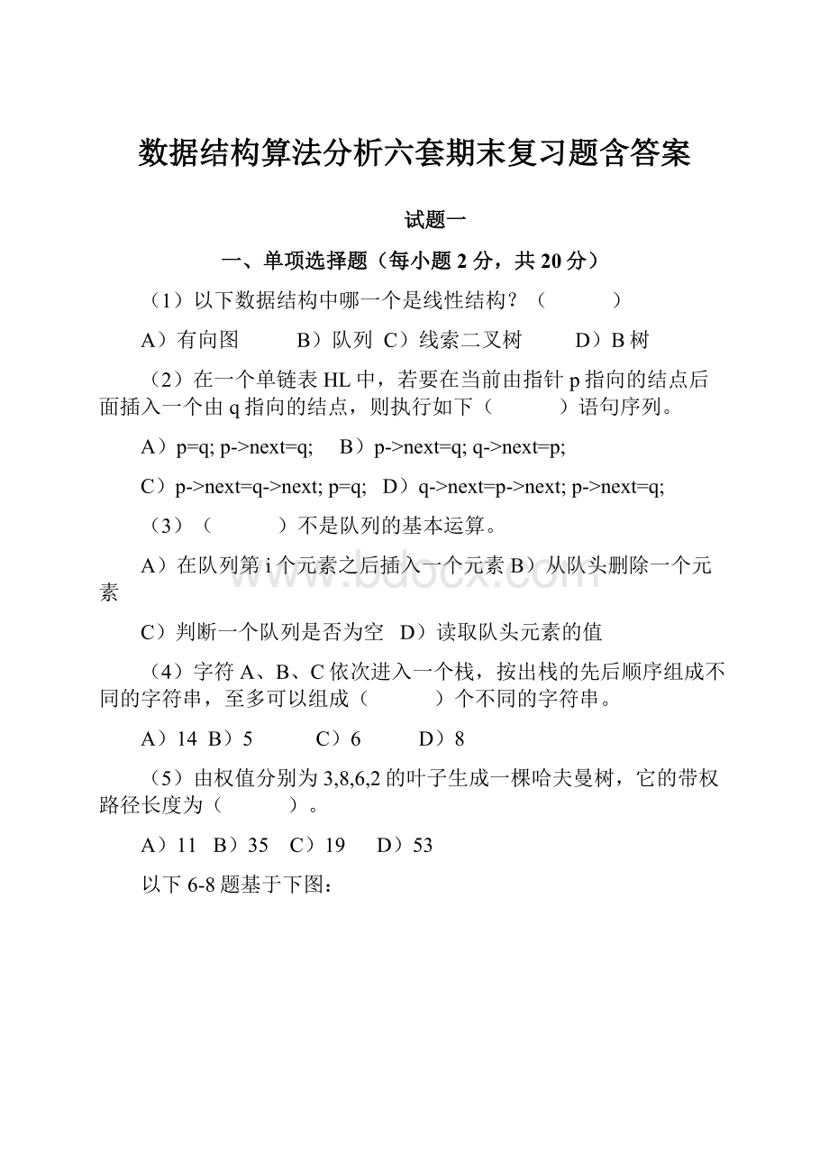 数据结构算法分析六套期末复习题含答案.docx