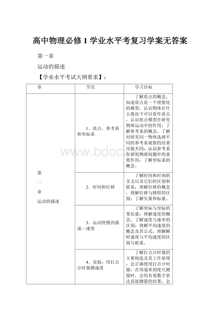 高中物理必修1 学业水平考复习学案无答案.docx