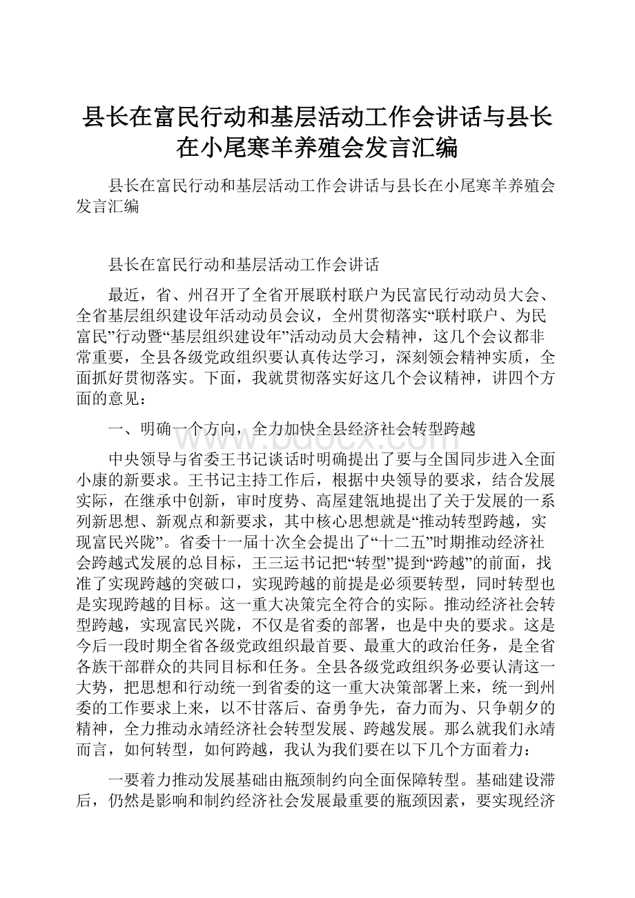 县长在富民行动和基层活动工作会讲话与县长在小尾寒羊养殖会发言汇编.docx