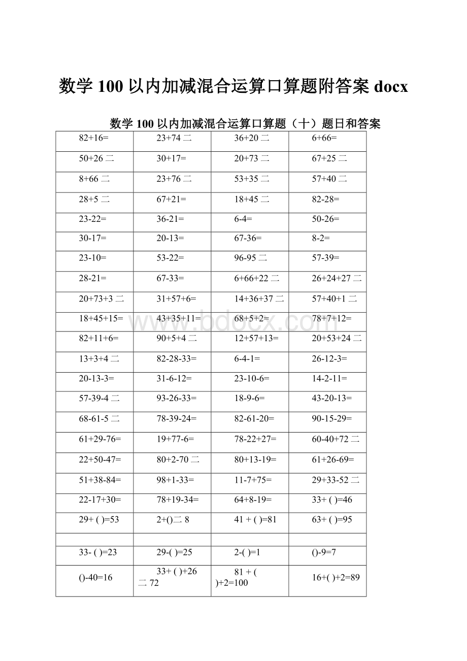 数学100以内加减混合运算口算题附答案docx.docx