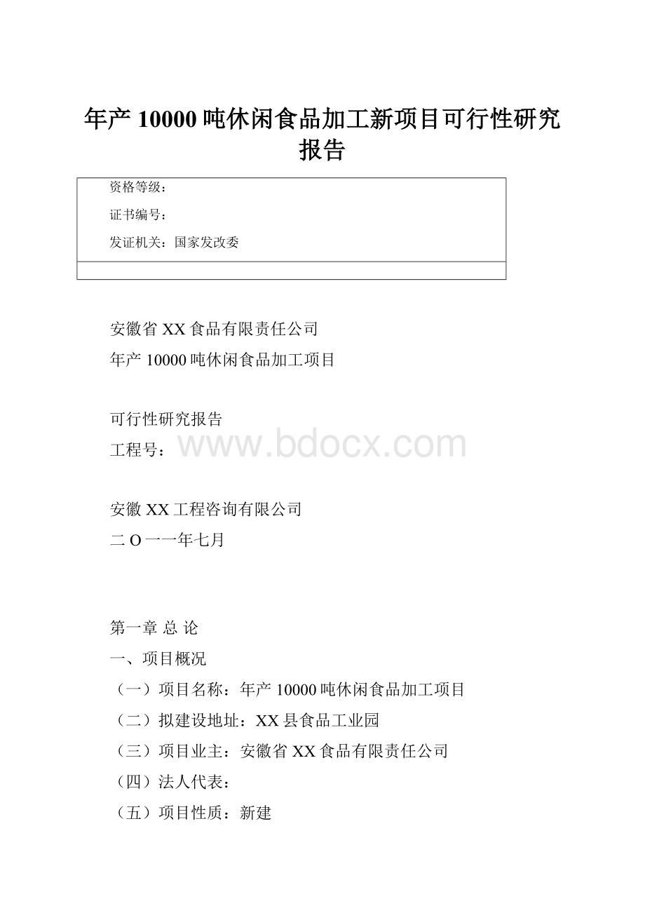 年产10000吨休闲食品加工新项目可行性研究报告.docx_第1页