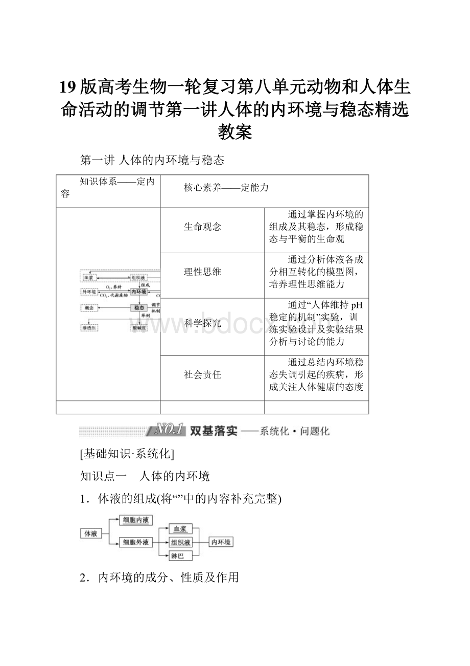 19版高考生物一轮复习第八单元动物和人体生命活动的调节第一讲人体的内环境与稳态精选教案.docx