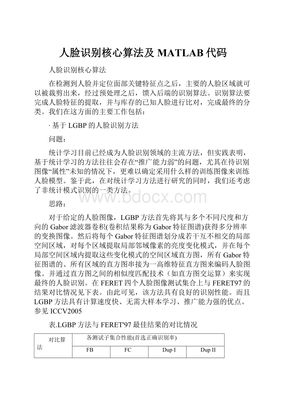 人脸识别核心算法及MATLAB代码.docx_第1页