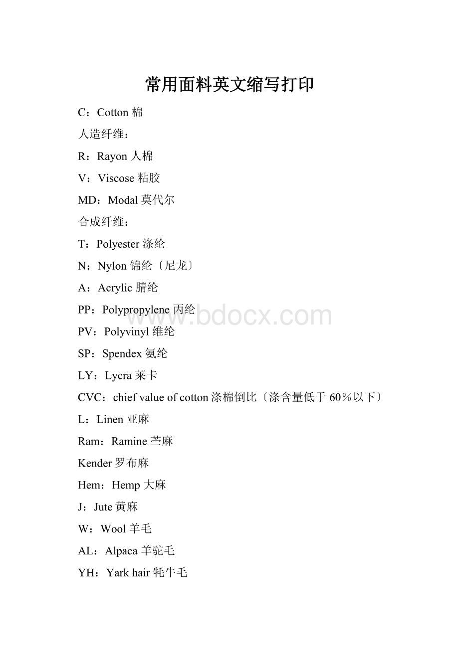 常用面料英文缩写打印.docx_第1页