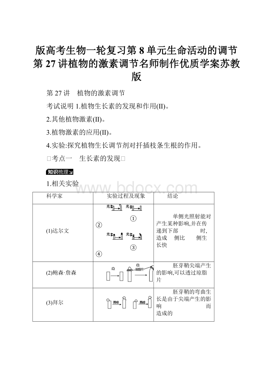 版高考生物一轮复习第8单元生命活动的调节第27讲植物的激素调节名师制作优质学案苏教版.docx_第1页