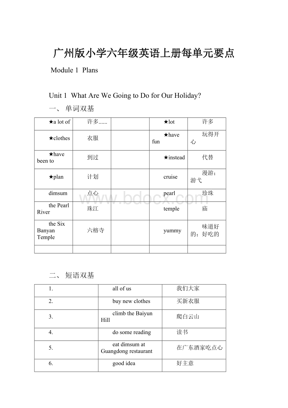 广州版小学六年级英语上册每单元要点.docx