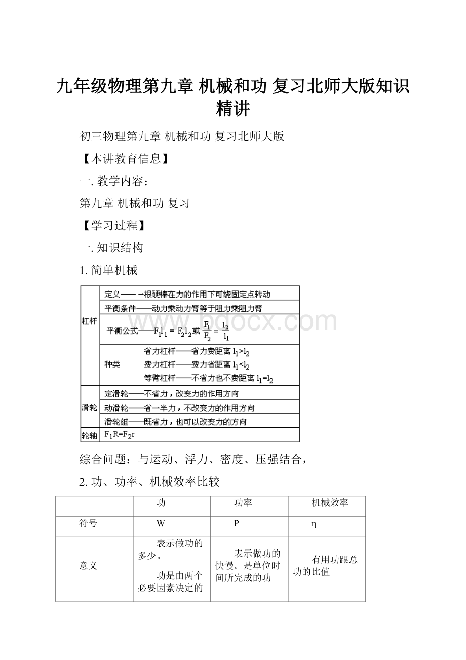 九年级物理第九章机械和功 复习北师大版知识精讲.docx