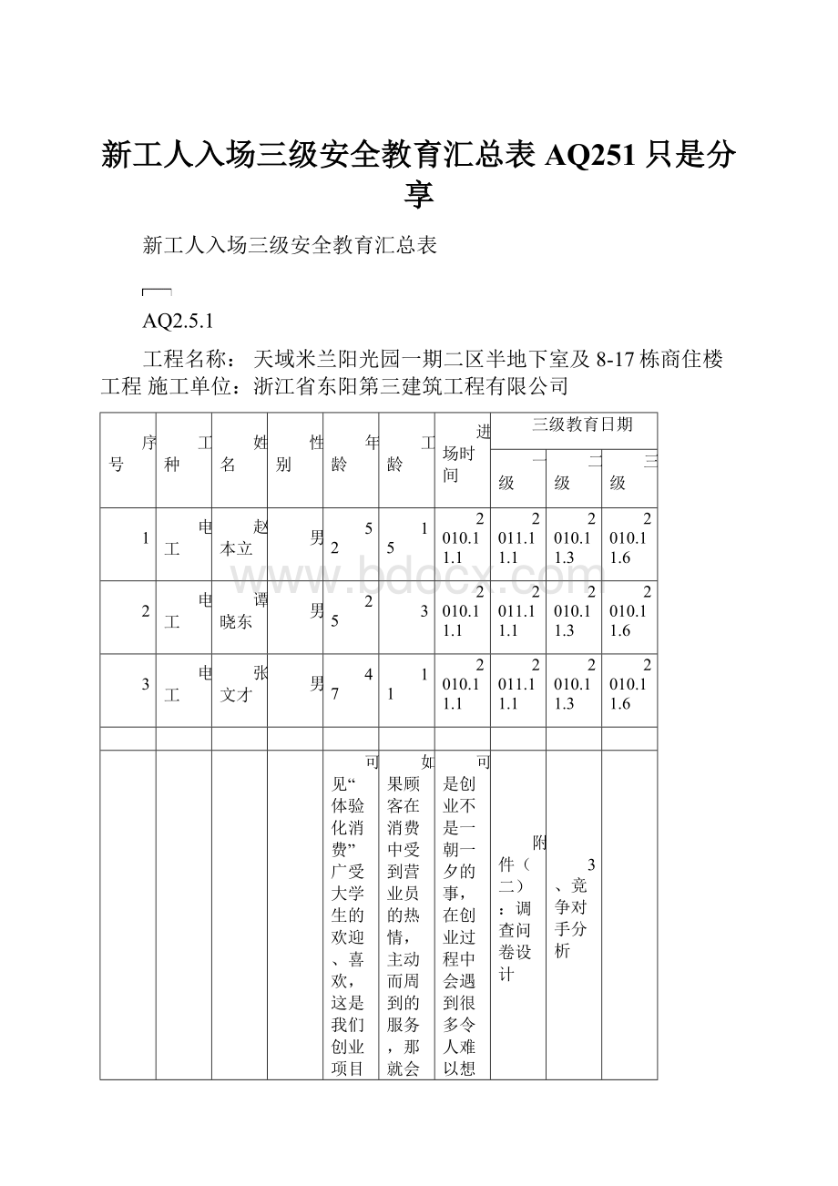 新工人入场三级安全教育汇总表AQ251只是分享.docx_第1页