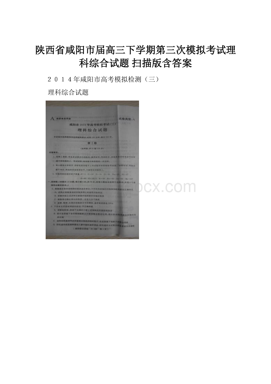 陕西省咸阳市届高三下学期第三次模拟考试理科综合试题 扫描版含答案.docx_第1页