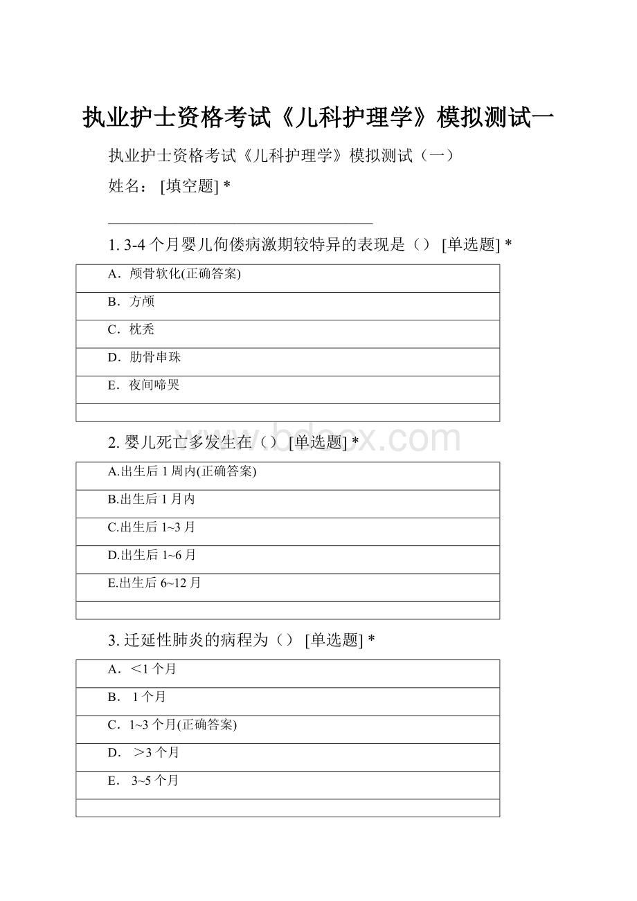 执业护士资格考试《儿科护理学》模拟测试一.docx_第1页