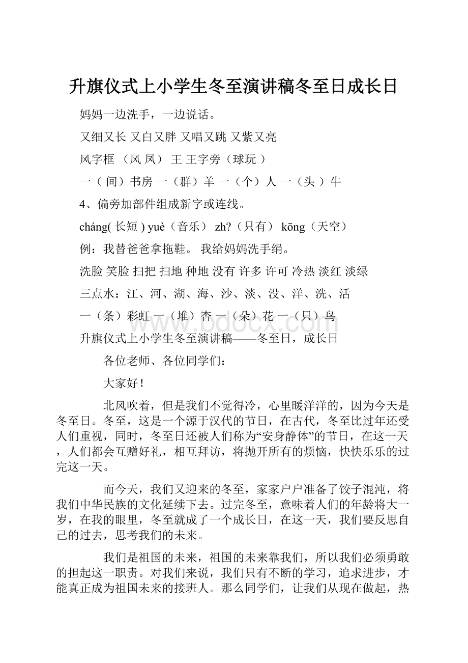 升旗仪式上小学生冬至演讲稿冬至日成长日.docx