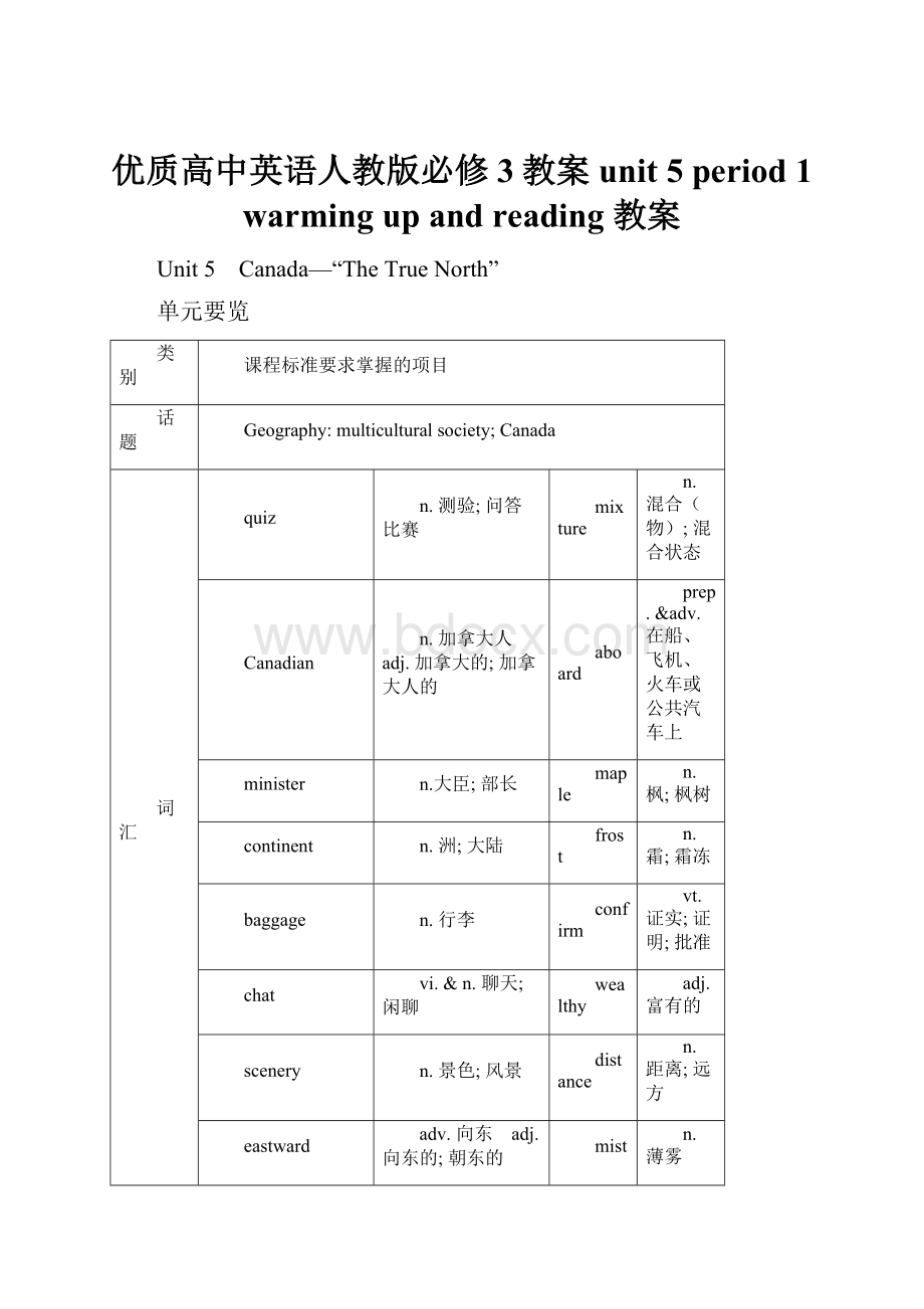 优质高中英语人教版必修3教案unit 5 period 1 warming up and reading 教案.docx