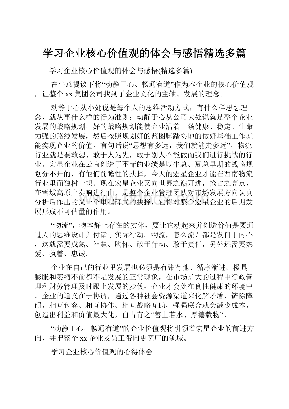 学习企业核心价值观的体会与感悟精选多篇.docx_第1页