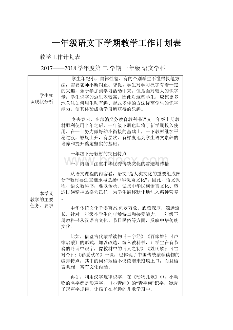 一年级语文下学期教学工作计划表.docx_第1页