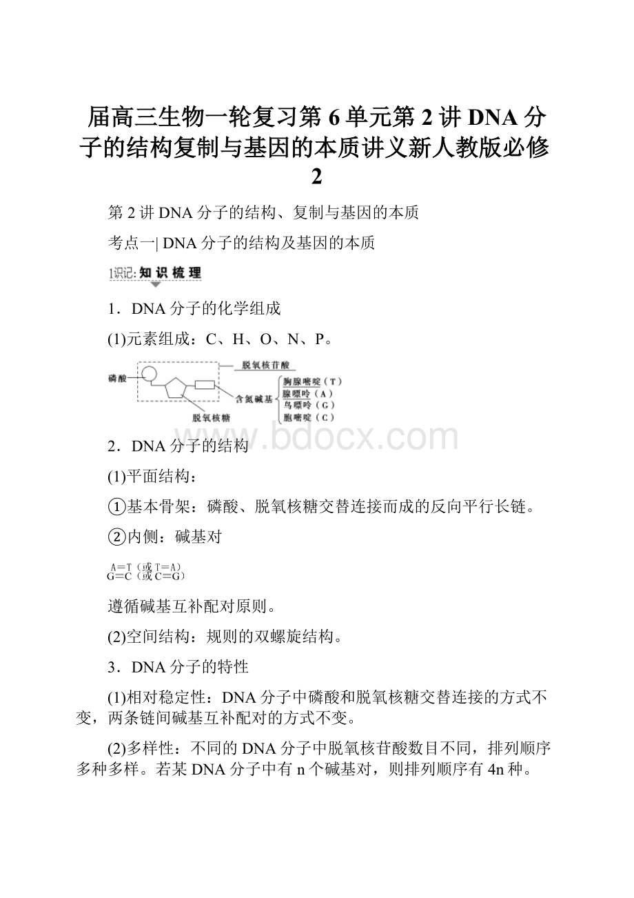 届高三生物一轮复习第6单元第2讲DNA分子的结构复制与基因的本质讲义新人教版必修2.docx