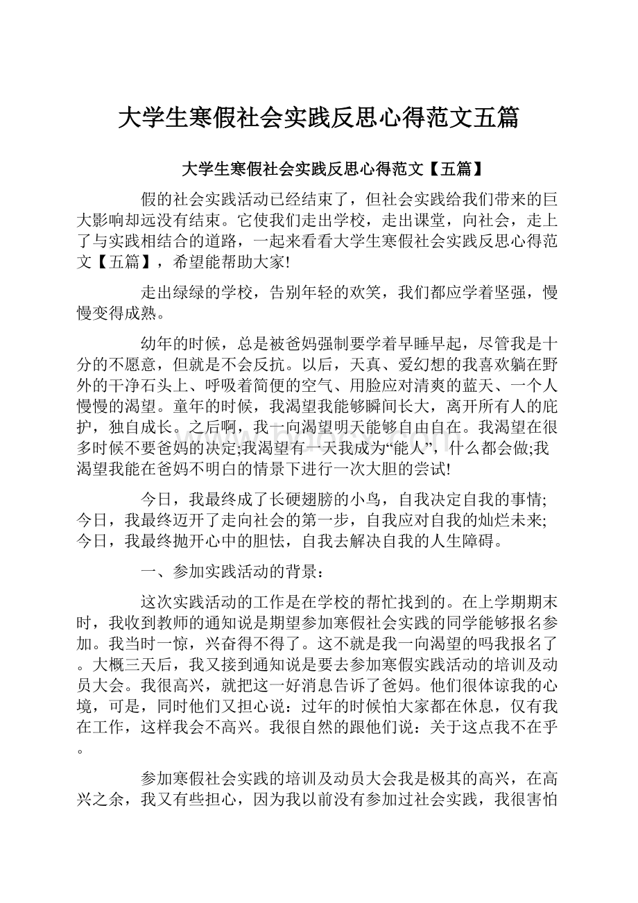 大学生寒假社会实践反思心得范文五篇.docx