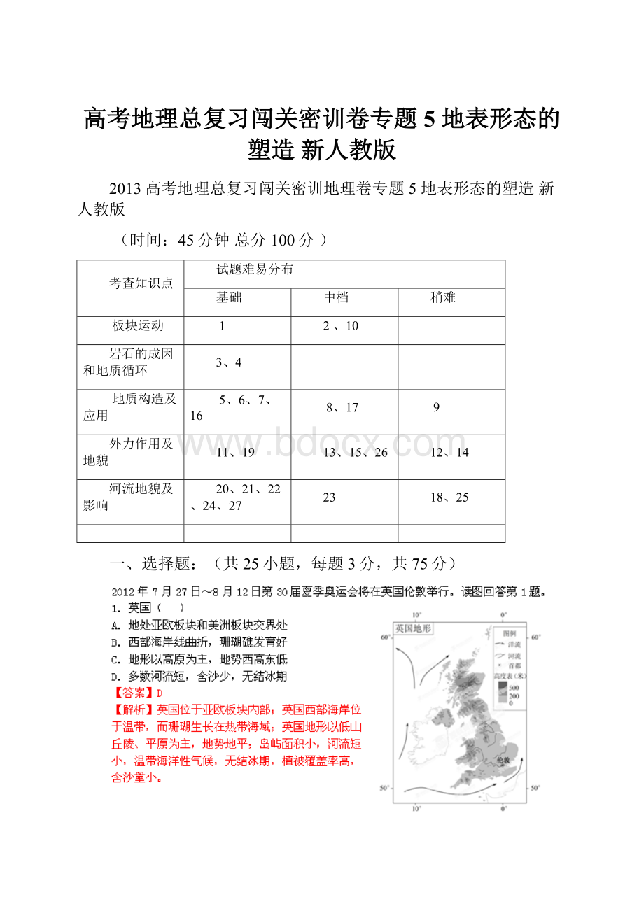 高考地理总复习闯关密训卷专题5 地表形态的塑造 新人教版.docx_第1页