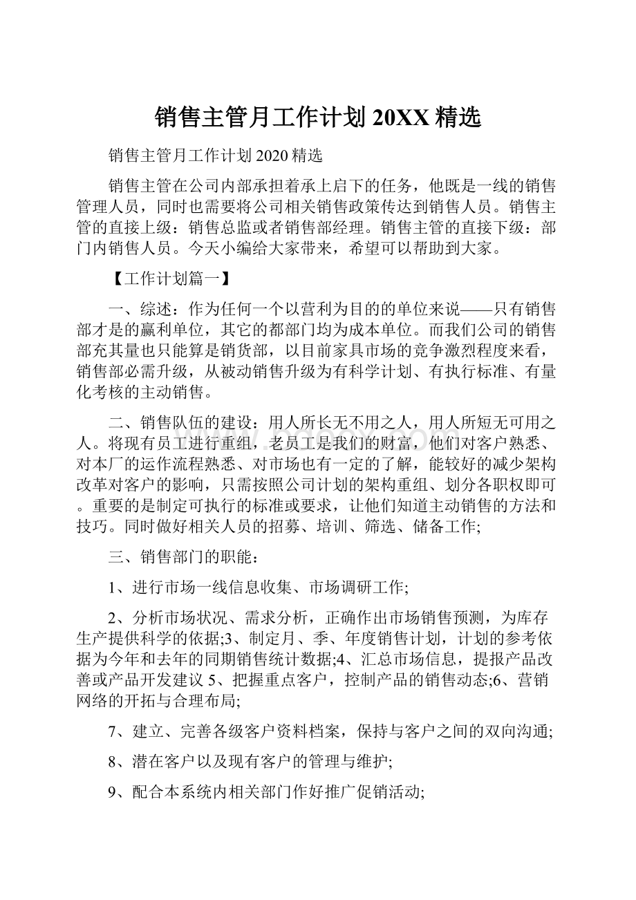 销售主管月工作计划20XX精选.docx