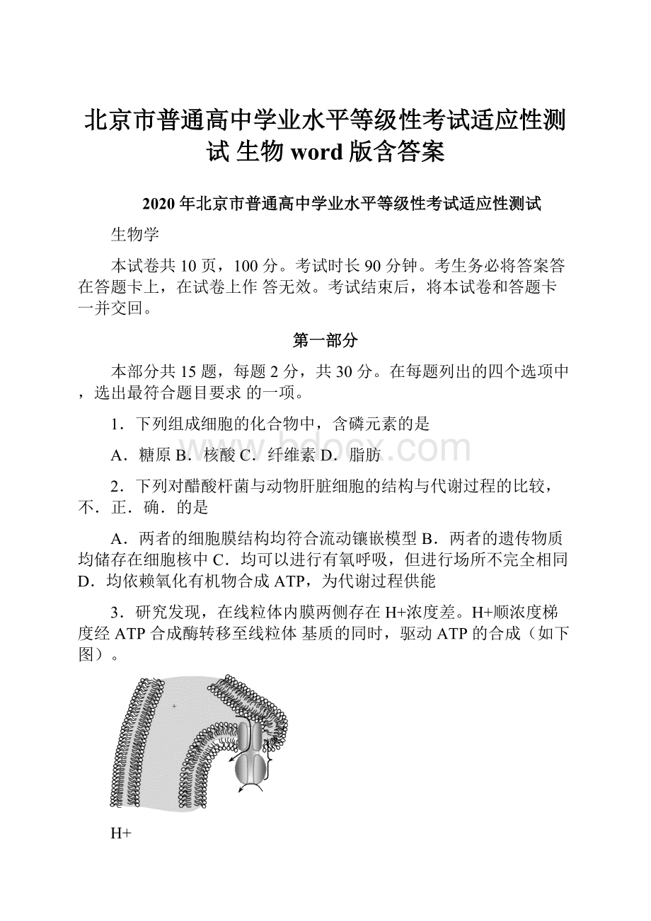 北京市普通高中学业水平等级性考试适应性测试 生物word版含答案.docx