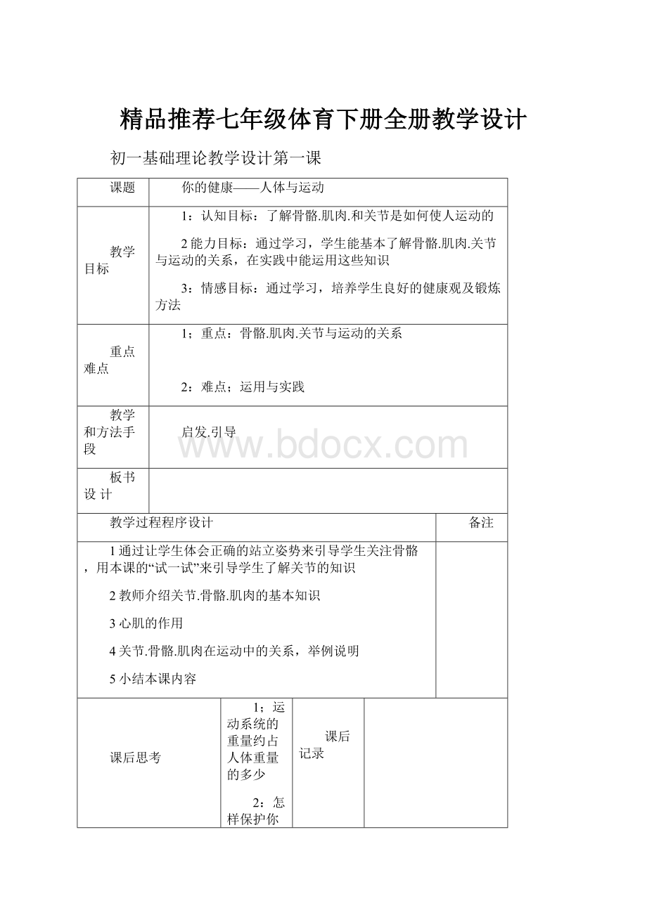 精品推荐七年级体育下册全册教学设计.docx