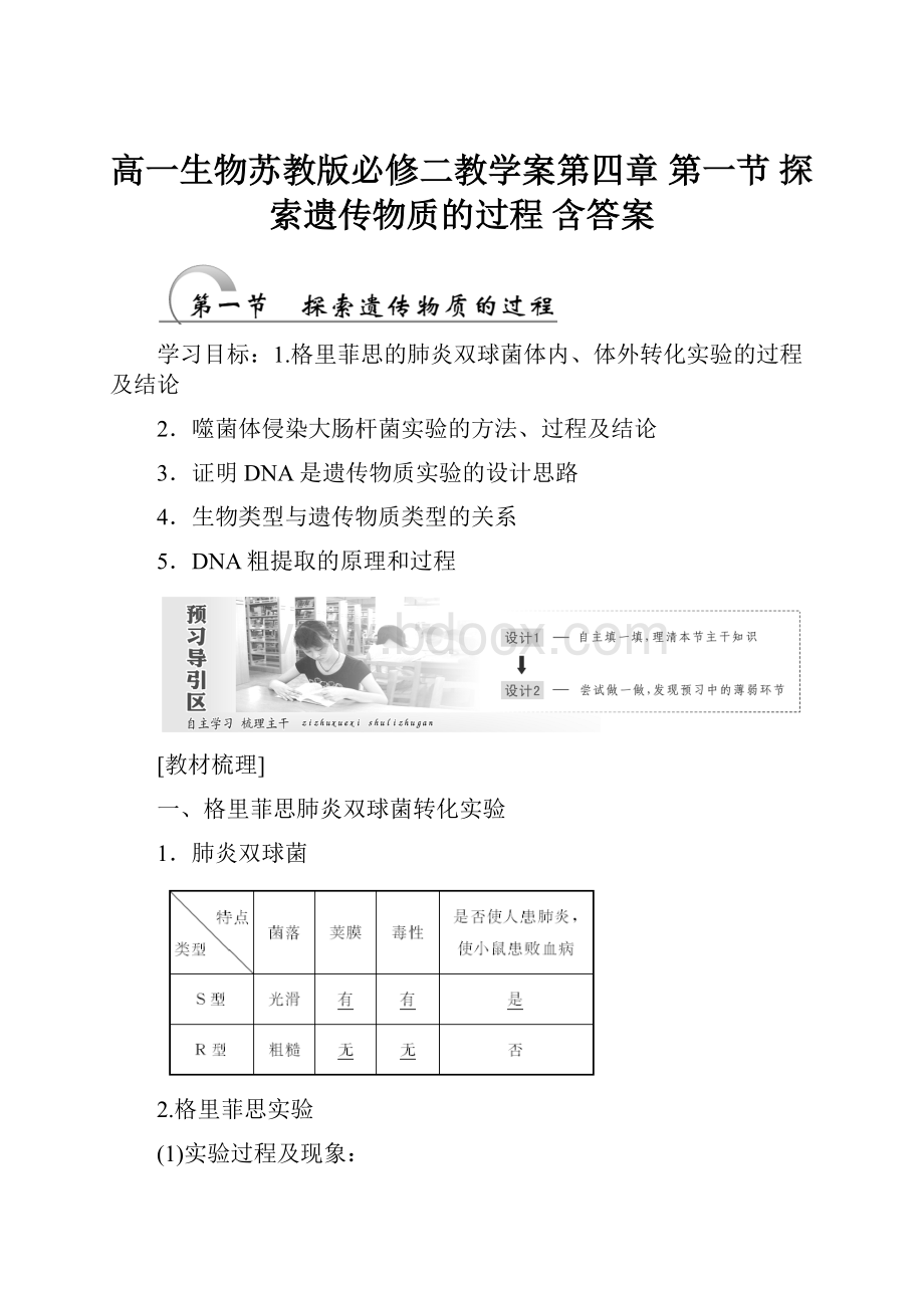 高一生物苏教版必修二教学案第四章 第一节 探索遗传物质的过程 含答案.docx_第1页