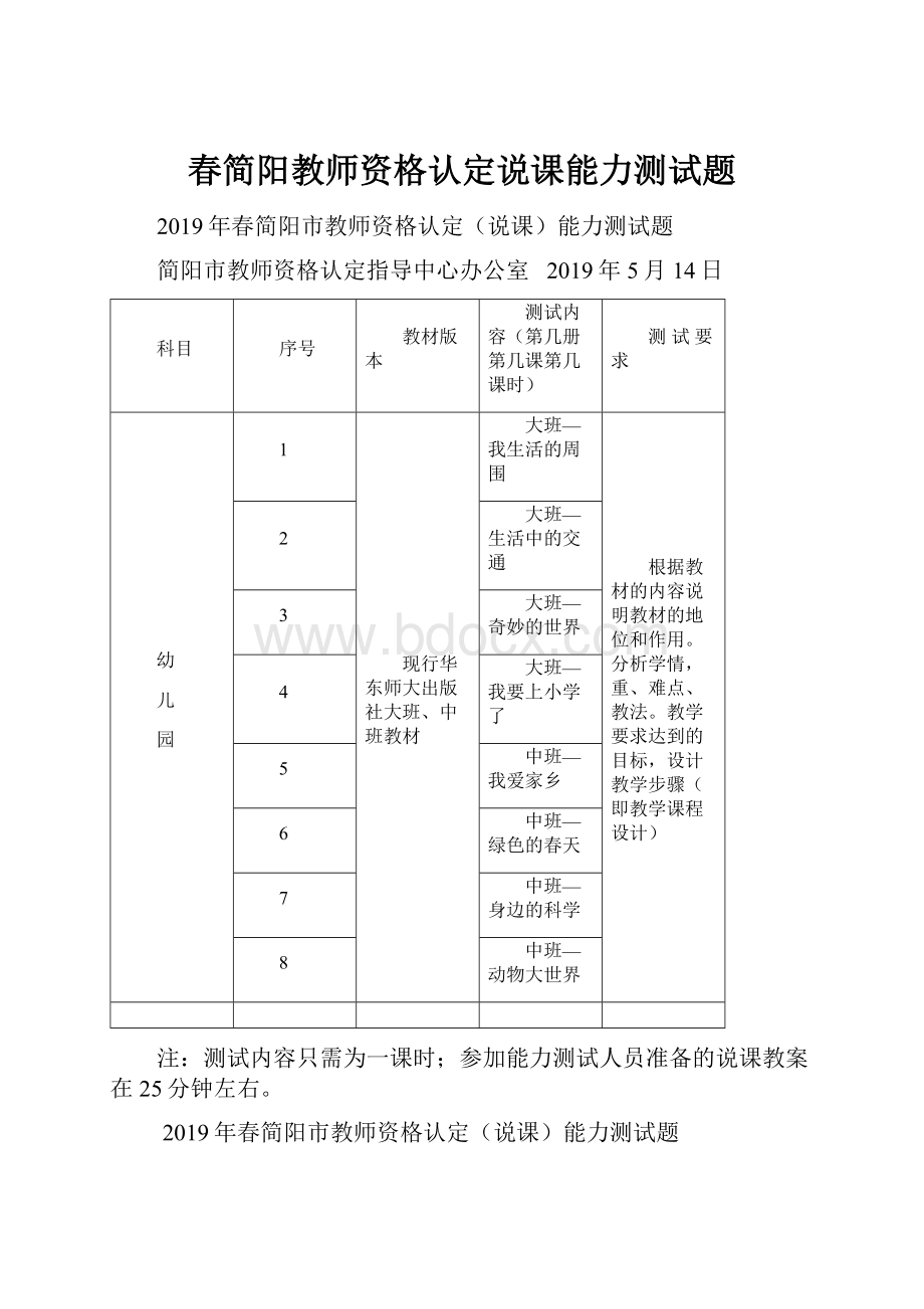 春简阳教师资格认定说课能力测试题.docx