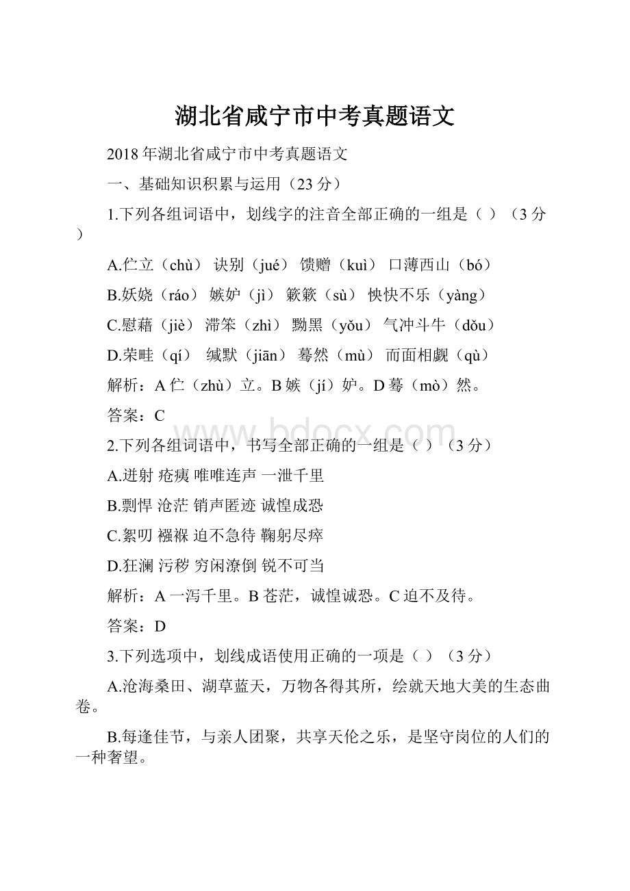 湖北省咸宁市中考真题语文.docx