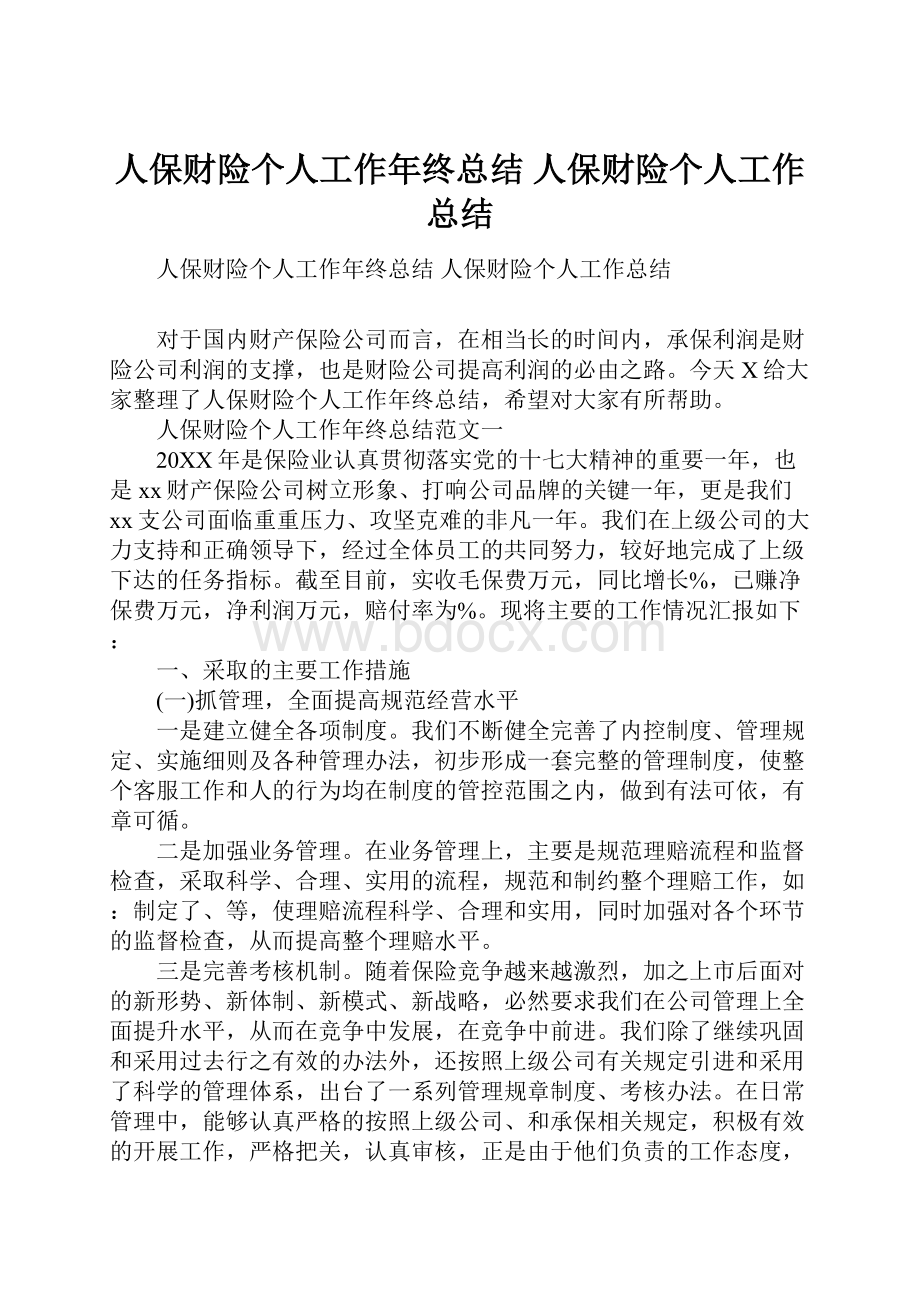 人保财险个人工作年终总结 人保财险个人工作总结.docx_第1页