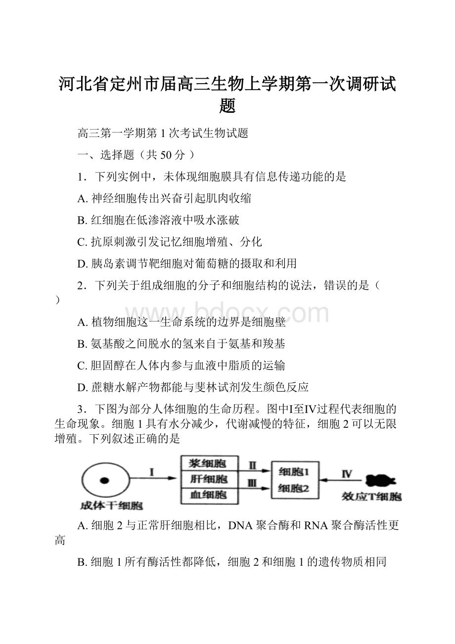 河北省定州市届高三生物上学期第一次调研试题.docx