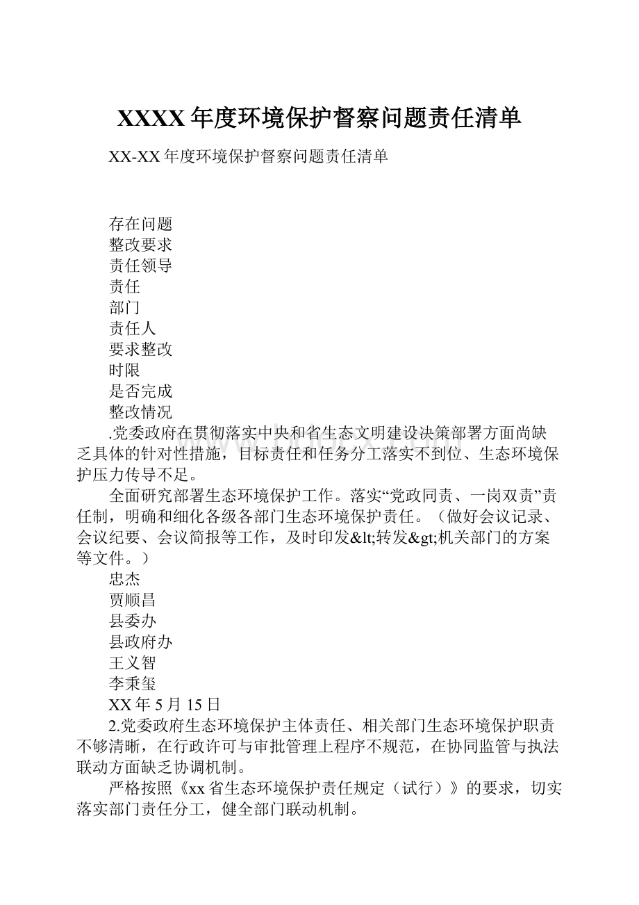 XXXX年度环境保护督察问题责任清单.docx