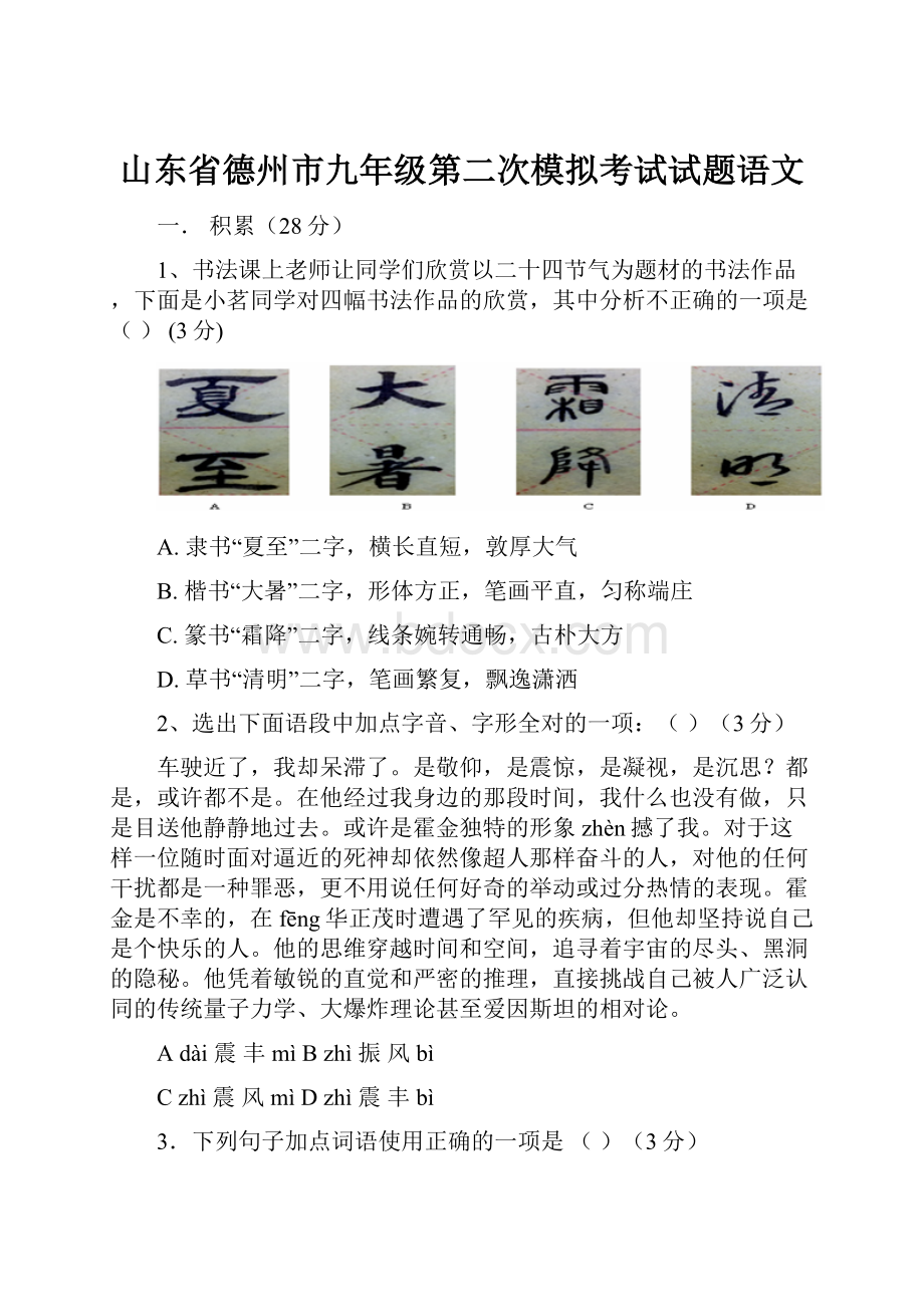 山东省德州市九年级第二次模拟考试试题语文.docx