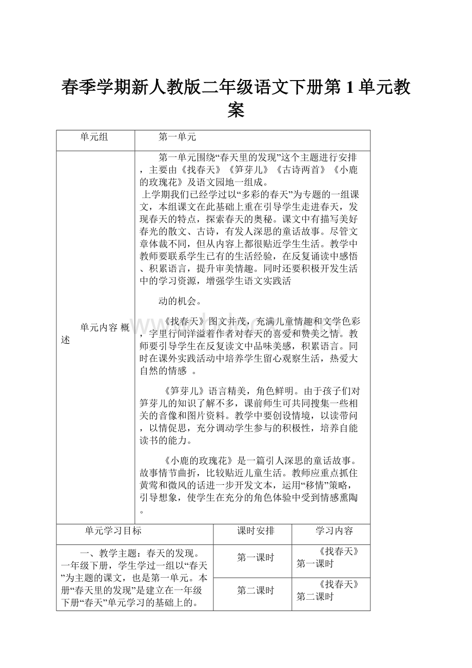 春季学期新人教版二年级语文下册第1单元教案.docx