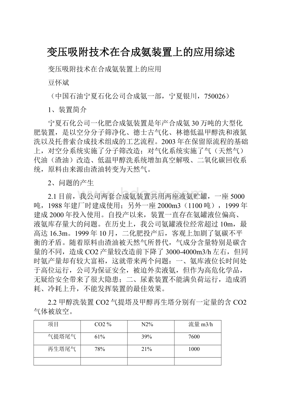 变压吸附技术在合成氨装置上的应用综述.docx