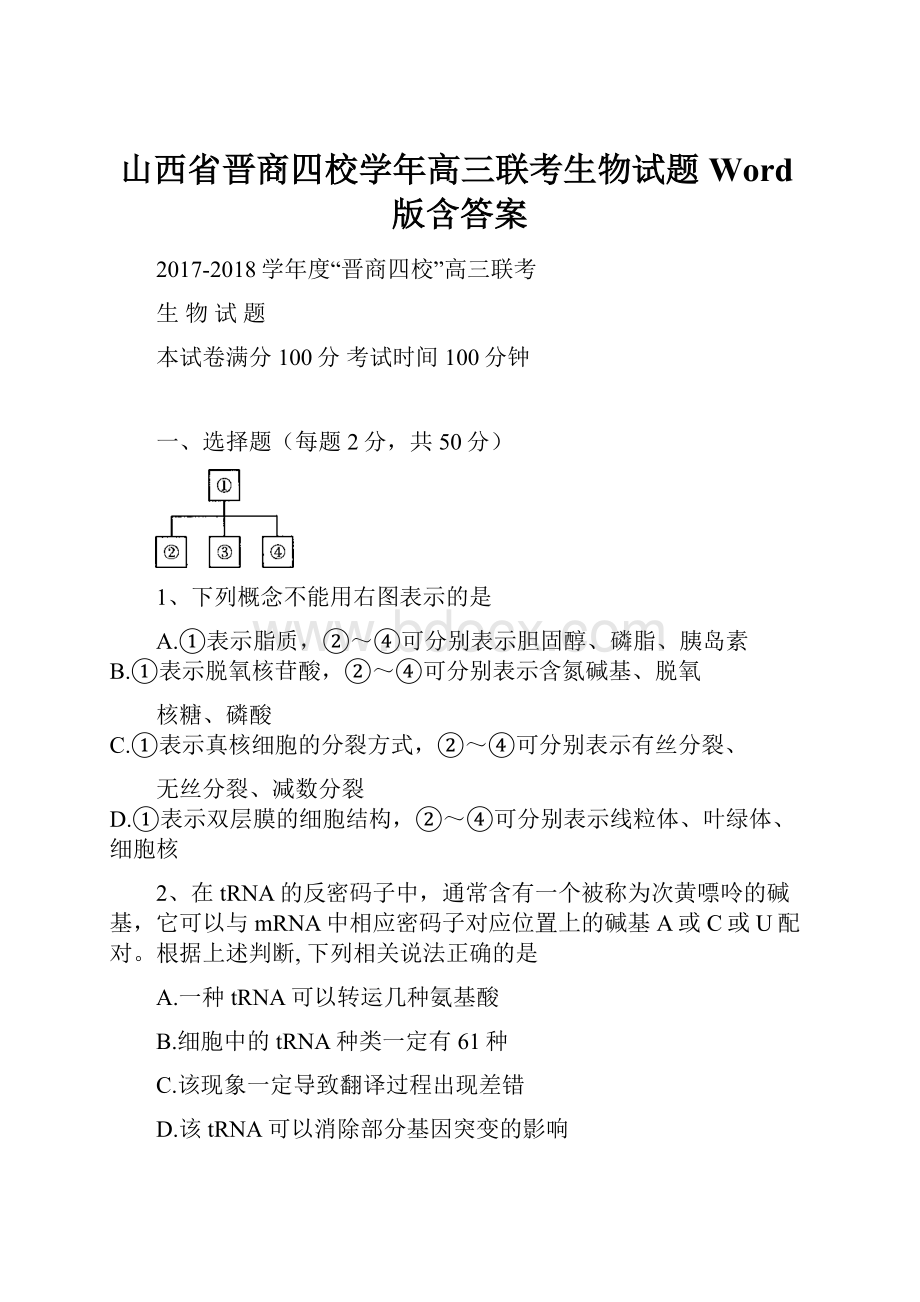 山西省晋商四校学年高三联考生物试题 Word版含答案.docx