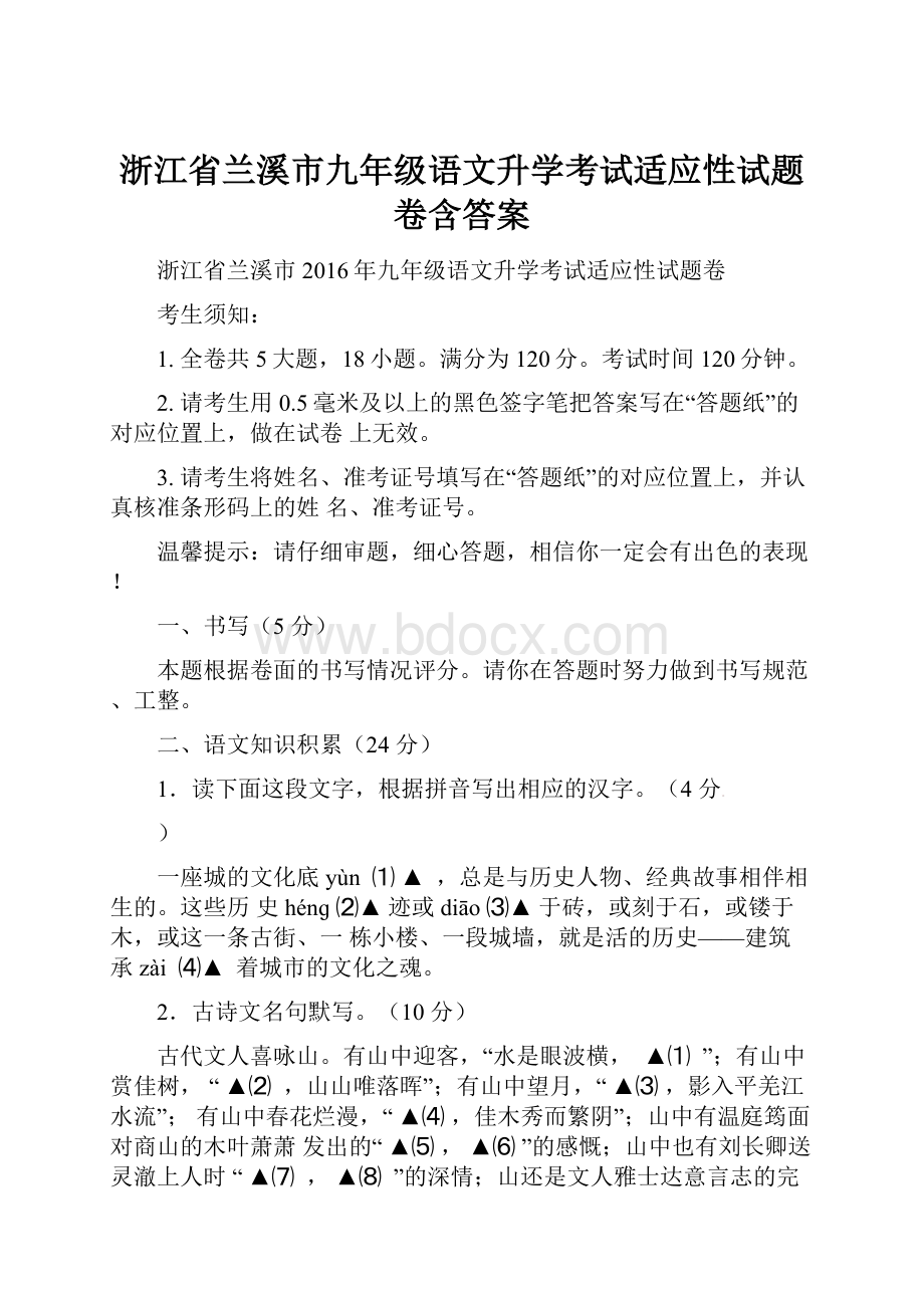 浙江省兰溪市九年级语文升学考试适应性试题卷含答案.docx